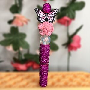 Pink Butterfly and Flower Handmade Beaded Pen with Rhinestones